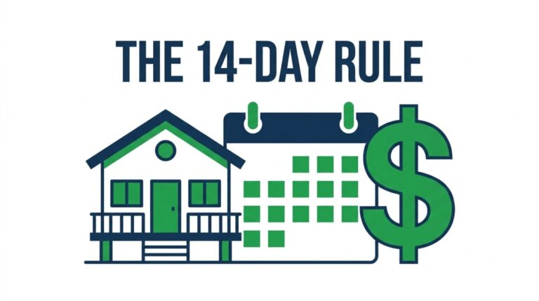 Illustration of vacation home rental tax — a beach house, a calendar, and a dollar sign representing the 14-day rule