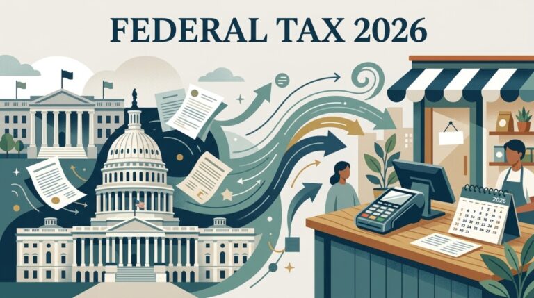 Federal tax changes for 2026 connecting Washington rulemaking to a small business counter with a card reader and calendar