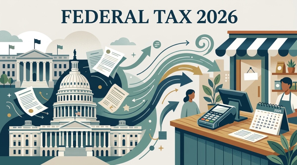 Federal tax changes for 2026 connecting Washington rulemaking to a small business counter with a card reader and calendar