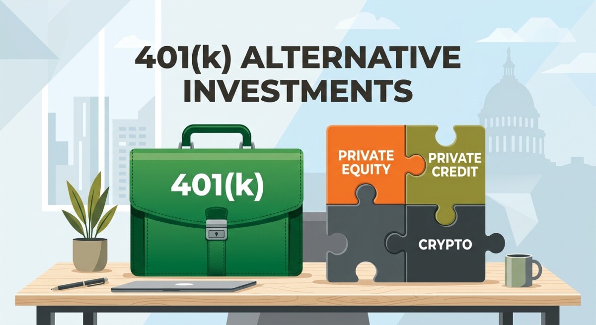 Illustration of 401k alternative investments — a 401(k) briefcase beside puzzle pieces labeled private equity, private credit, and crypto