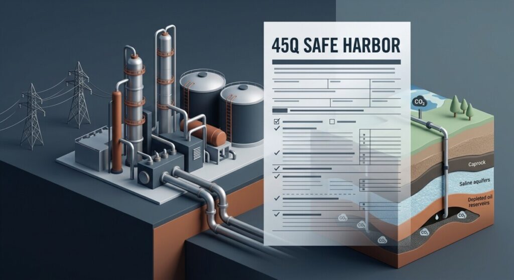 Concept image of a carbon capture facility and underground storage layers with an IRS notice overlay — 45Q safe harbor