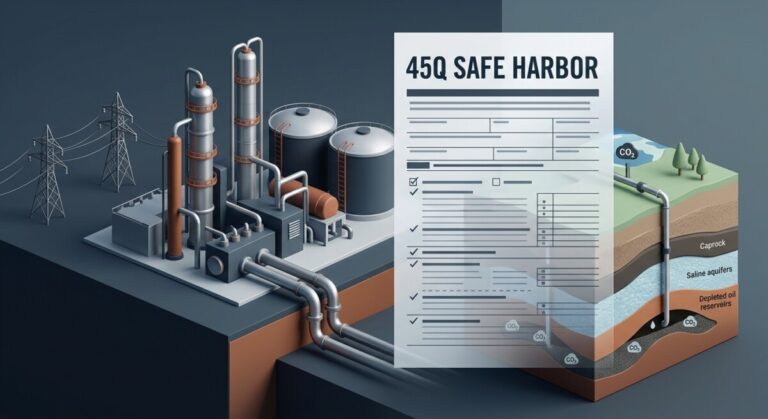 Concept image of a carbon capture facility and underground storage layers with an IRS notice overlay — 45Q safe harbor