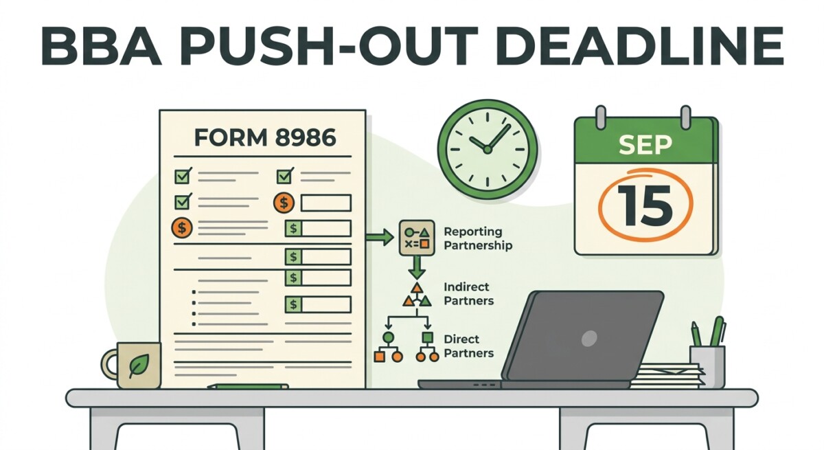 Illustration of an IRS Form 8986 with a September 15 deadline calendar and a partnership tier flow chart