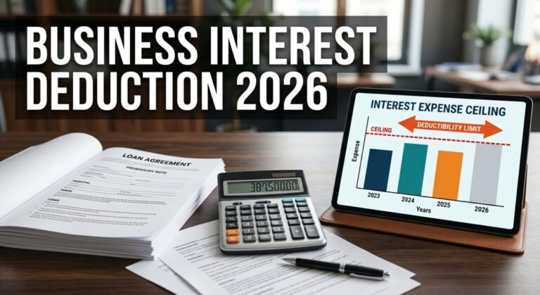 Section 163(j) business interest deduction — calculator, loan documents, and a chart of an interest-expense ceiling