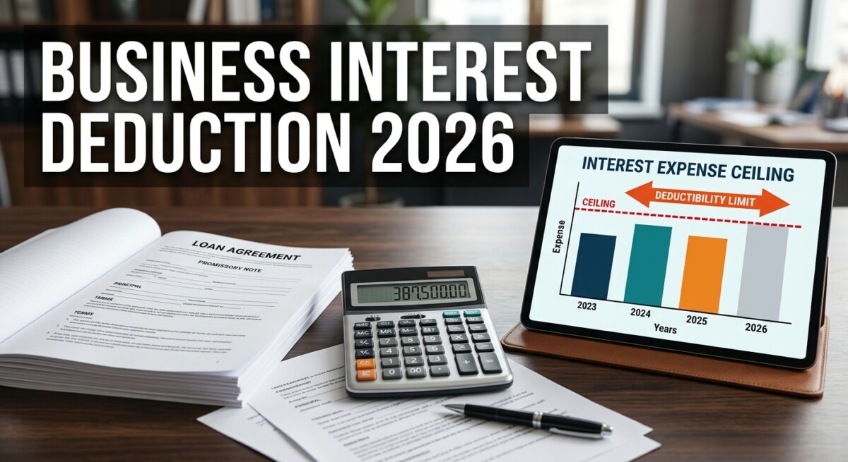 Section 163(j) business interest deduction — calculator, loan documents, and a chart of an interest-expense ceiling