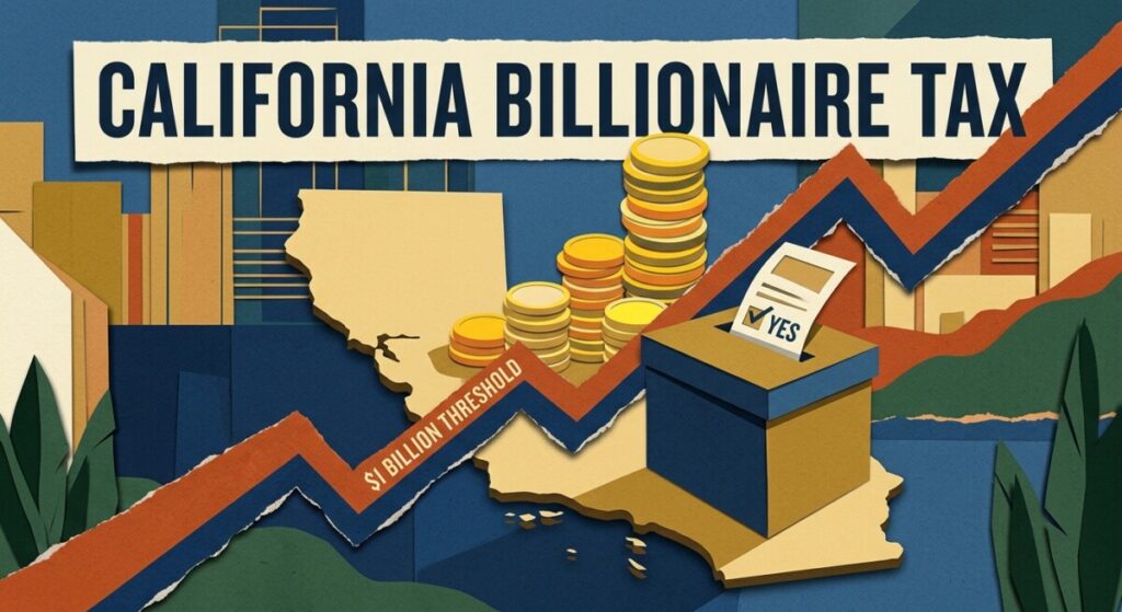 Illustration of California's Proposition 40 billionaire tax — state outline, ballot box, and $1 billion threshold line