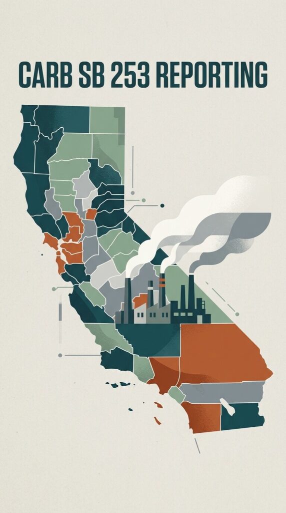 Editorial illustration for CARB SB 253 reporting — California map with emissions plumes over a stylized skyline