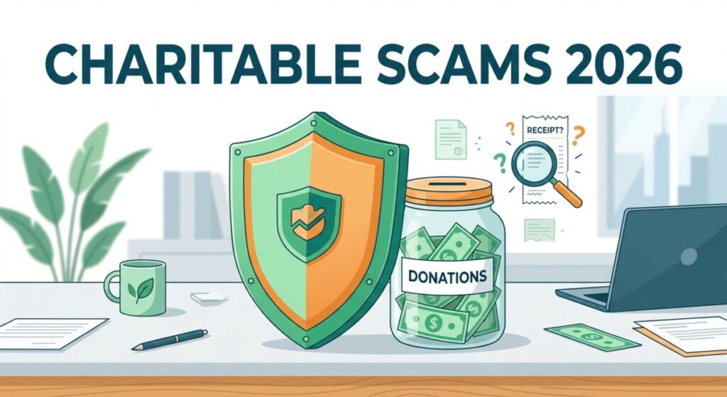 Illustration of charitable contribution scams — a shield protecting a donation jar with dollar bills and a magnifying glass