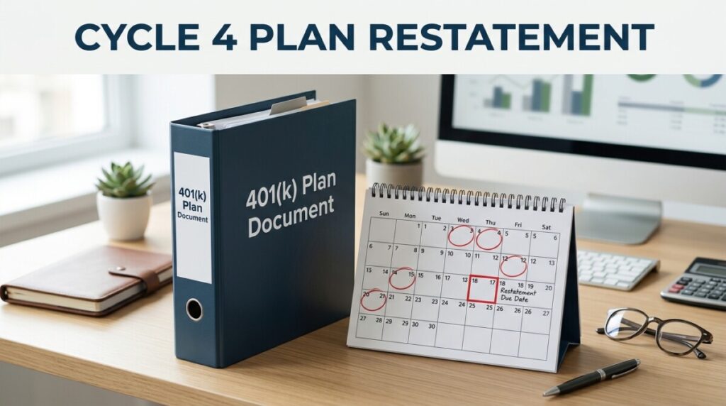 Cycle 4 plan restatement deadline — a 401(k) plan document binder beside a calendar marking September 30, 2028