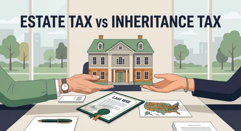 Illustration comparing estate tax vs inheritance tax — a home passed from an older hand to a younger hand with a will document and a US map