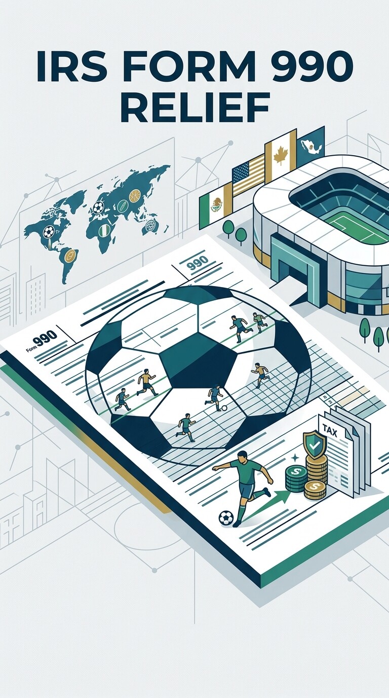 IRS Form 990 relief announcement graphic — soccer motif with a tax filing document, illustrating Rev. Proc. 2026-28 for foreign FIFA member associations.
