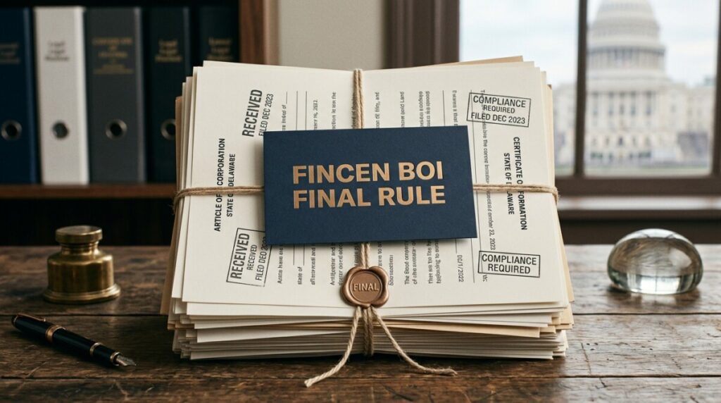 Headline card 'FinCEN BOI Final Rule' over a stack of U.S. corporate formation documents