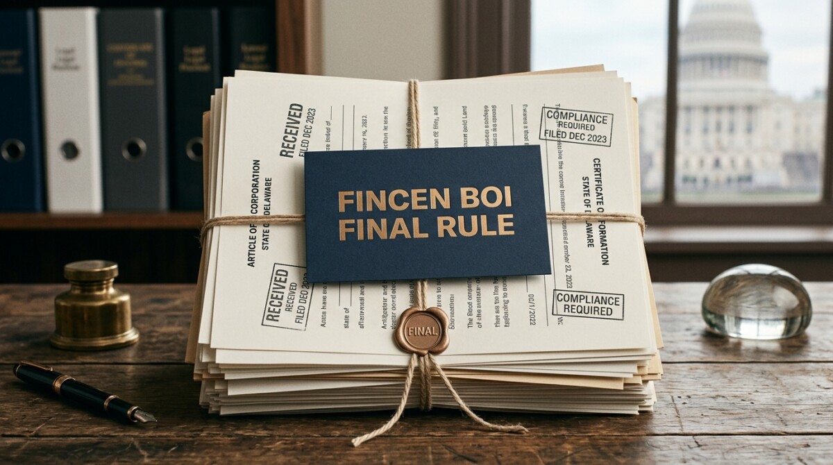 Headline card 'FinCEN BOI Final Rule' over a stack of U.S. corporate formation documents