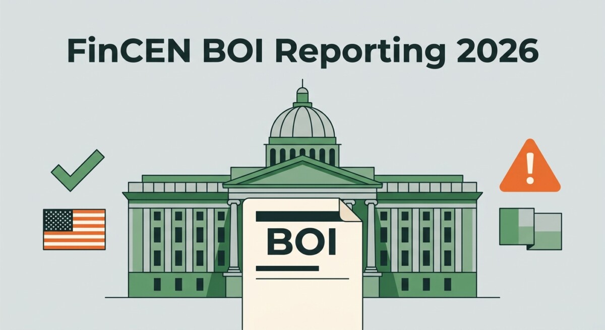 Illustration of FinCEN BOI reporting in 2026 — a Treasury building with a BOI document, a green check on a U.S. flag and an orange warning on a foreign flag