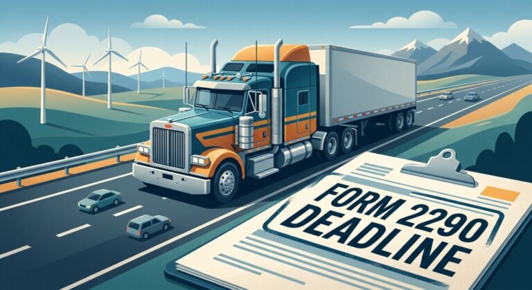 Illustration of Form 2290 heavy highway vehicle use tax filing deadline for trucks 55,000 pounds and up on public highways