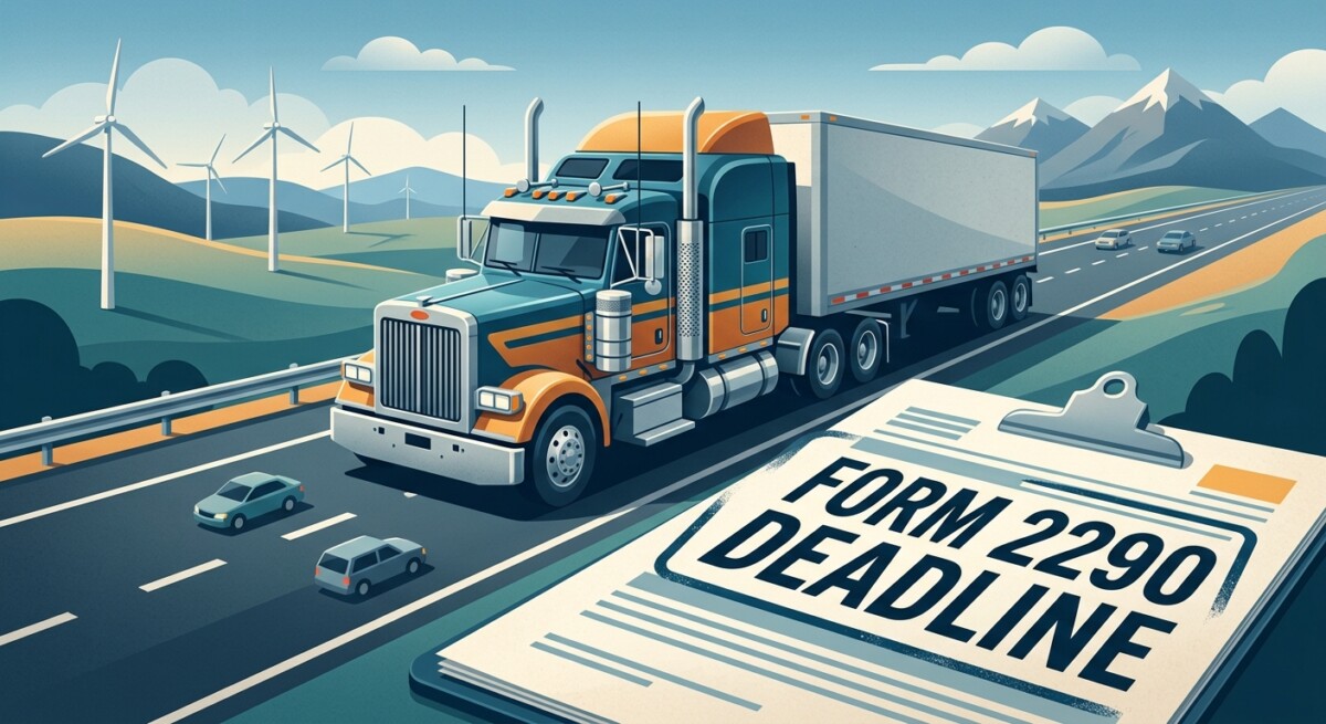 Illustration of Form 2290 heavy highway vehicle use tax filing deadline for trucks 55,000 pounds and up on public highways