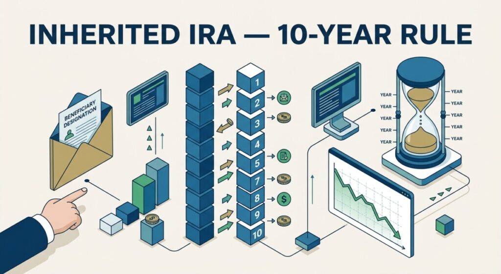 Inherited IRA 10-year rule showing a non-spouse beneficiary planning annual RMDs under the SECURE Act with a decade-long distribution calendar
