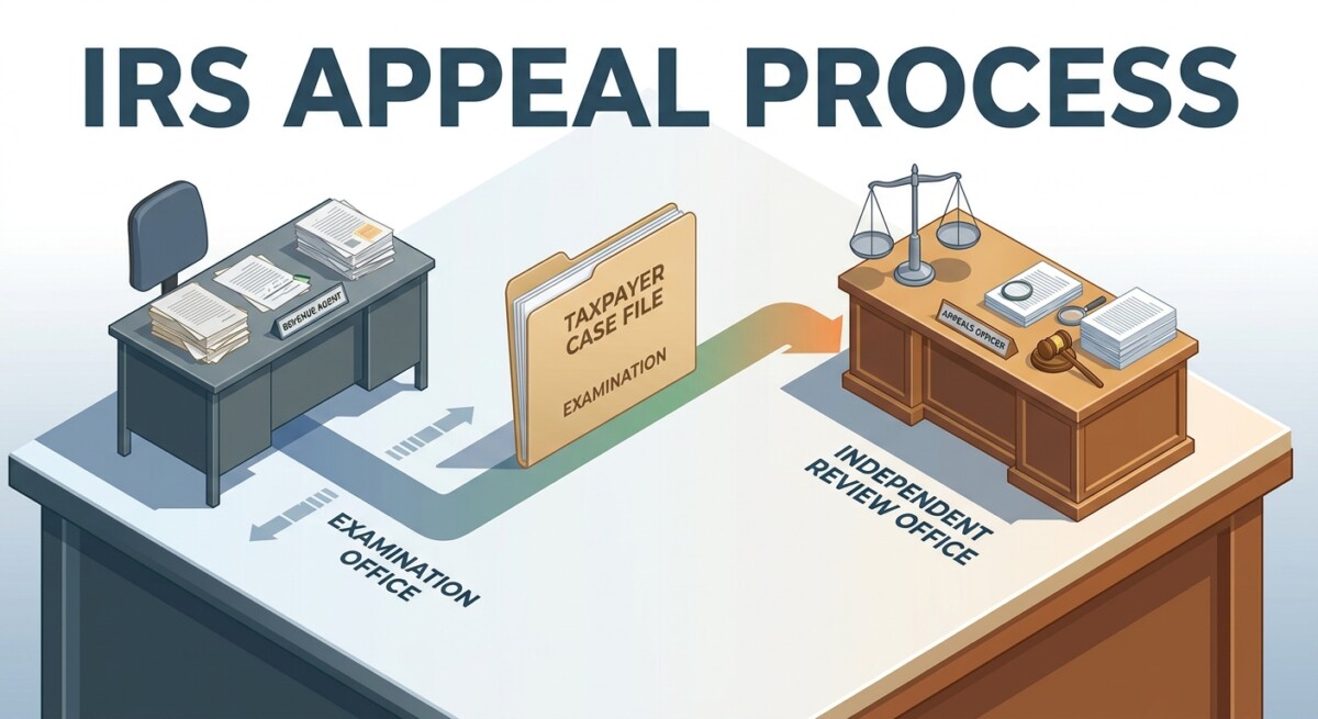 Illustration of the IRS appeal process — a taxpayer file moving into the Independent Office of Appeals