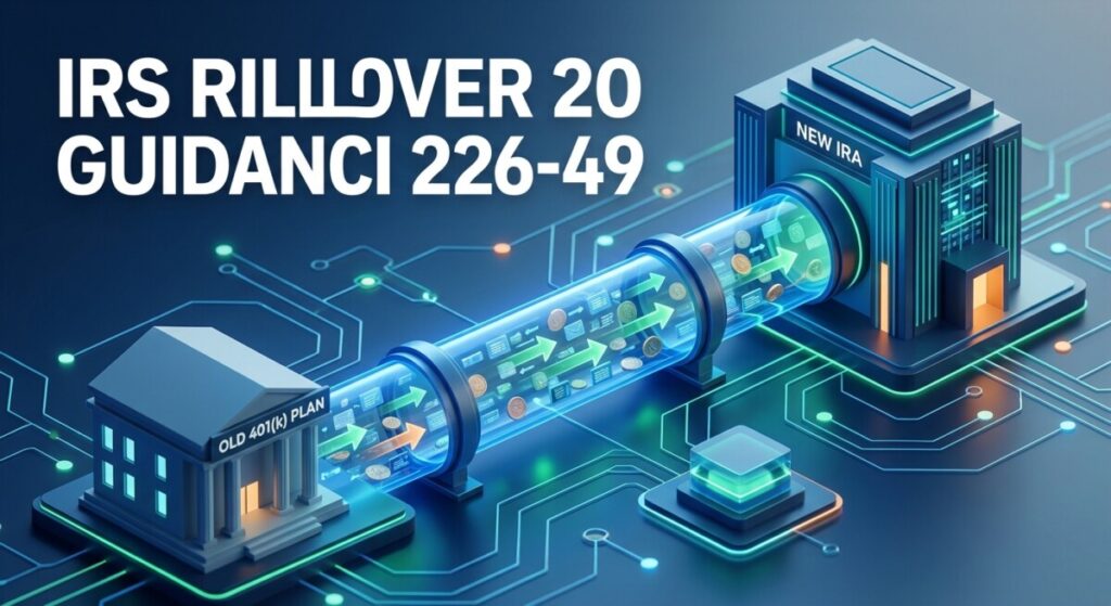 Illustration of an IRS rollover under Notice 2026-49 — retirement funds moving securely from a 401(k) plan to an IRA via an encrypted pipeline instead of a paper check