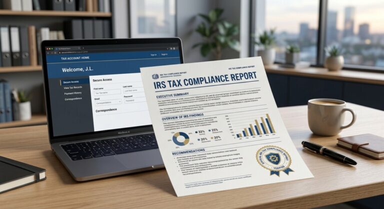 Illustration of the new IRS Tax Compliance Report — a digitally certified proof-of-compliance document downloadable from the IRS Individual Online Account