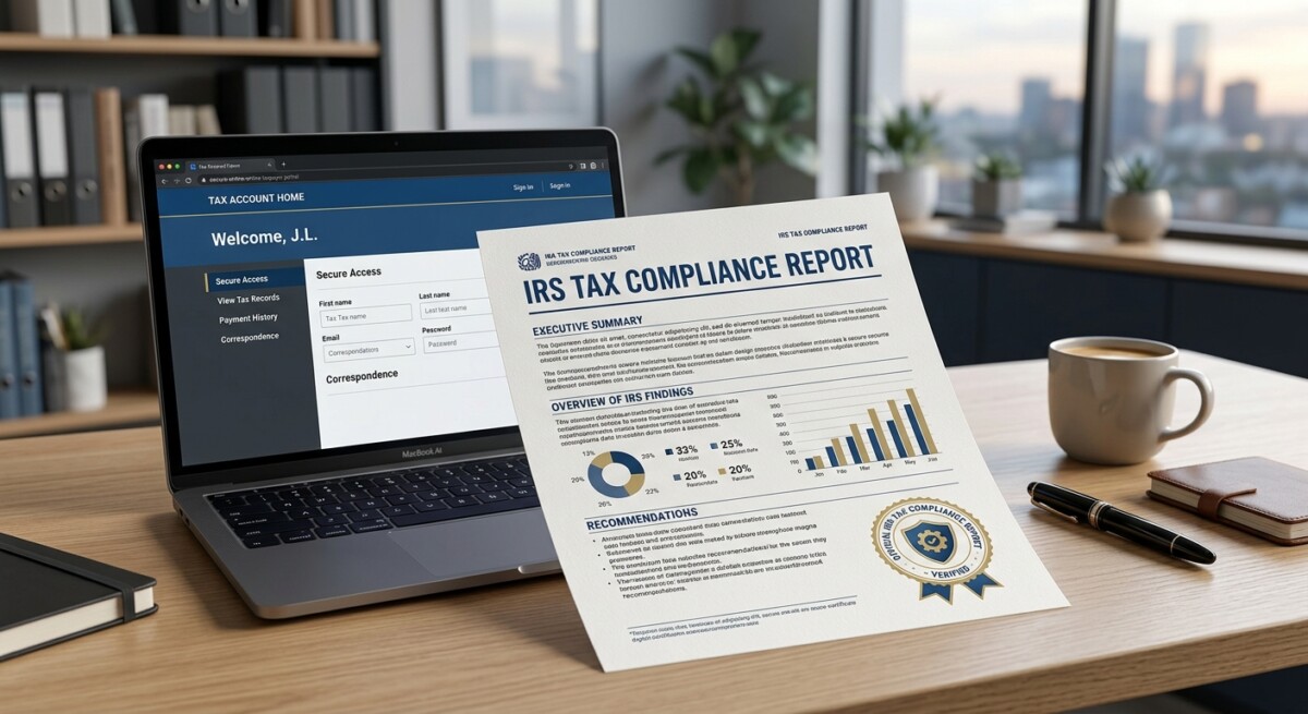 Illustration of the new IRS Tax Compliance Report — a digitally certified proof-of-compliance document downloadable from the IRS Individual Online Account