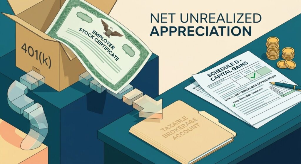 Net unrealized appreciation illustration: employer stock leaving a 401(k) for a taxable brokerage account