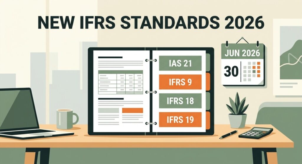 Illustration of new IFRS standards 2026 — a reporting binder with IAS 21, IFRS 9, IFRS 18 tabs beside a 30 June 2026 calendar