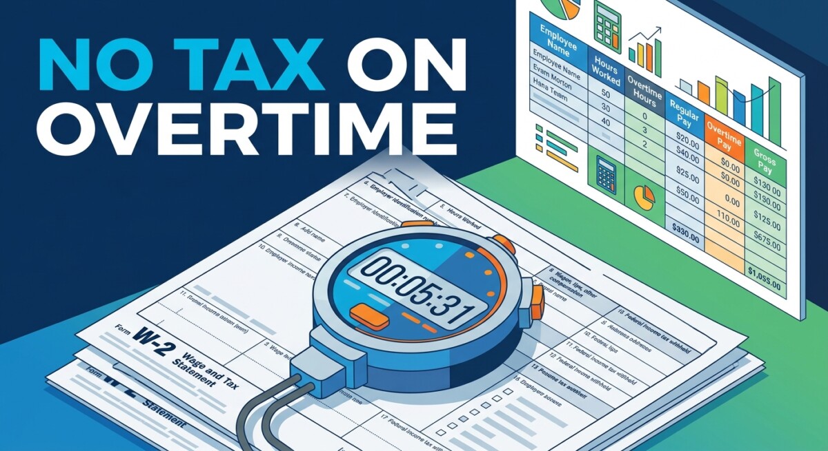 Illustration of the no tax on overtime deduction — a stopwatch on top of a Form W-2 with a payroll spreadsheet