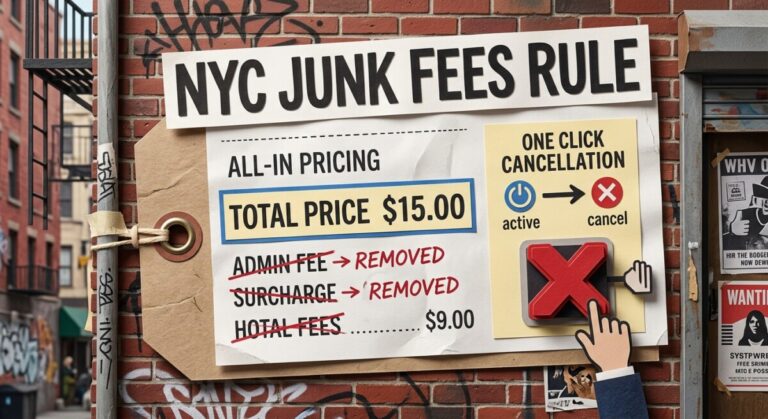 Editorial illustration of the NYC junk fees rule — all-in pricing and one-click subscription cancellation for New York City consumers
