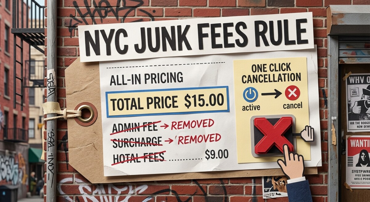 Editorial illustration of the NYC junk fees rule — all-in pricing and one-click subscription cancellation for New York City consumers