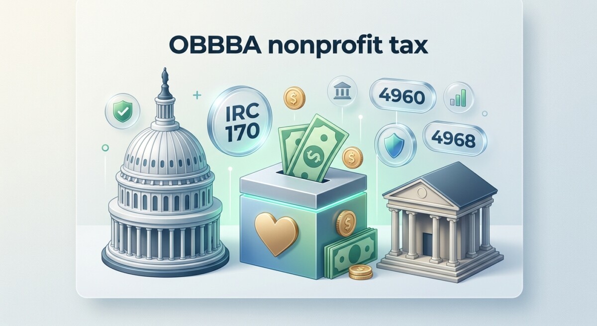 Illustration of OBBBA nonprofit tax rules — Capitol, donation box, university facade with IRC section tokens