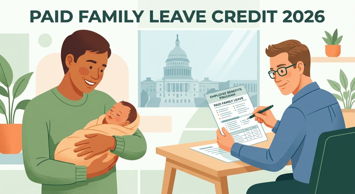 Illustration of a parent with newborn beside a small-business owner reviewing paid family leave credit benefits