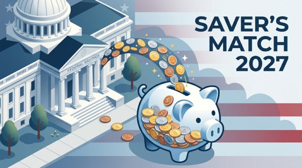 Illustration of the IRS Saver's Match — coins flowing from a government building into a piggy bank