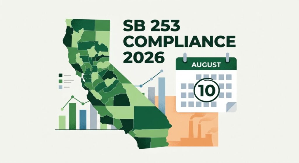 Illustration of California SB 253 climate disclosure compliance — CA map with emissions chart and August 10 calendar