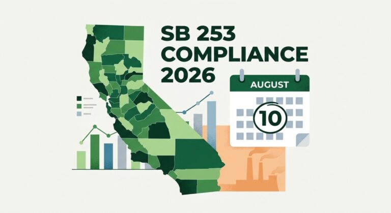 Illustration of California SB 253 climate disclosure compliance — CA map with emissions chart and August 10 calendar