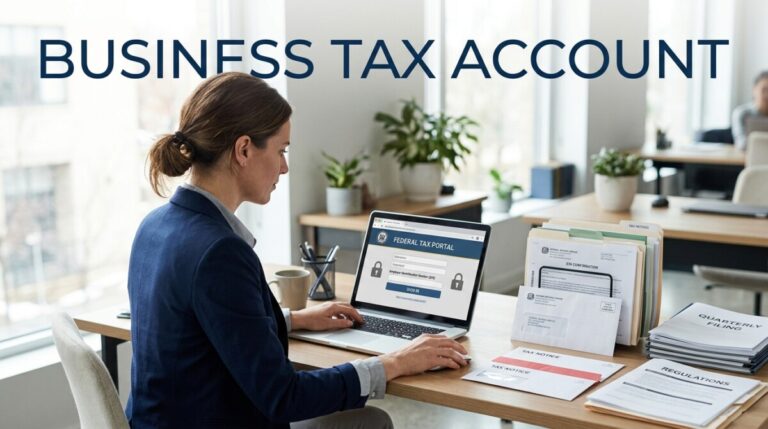 Small business owner using the IRS Business Tax Account on a laptop to view notices, download CP575, and manage payments