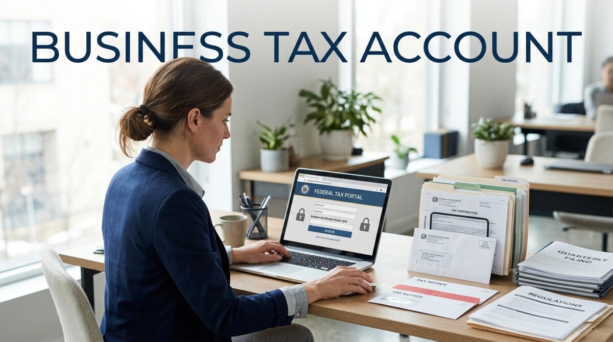 Small business owner using the IRS Business Tax Account on a laptop to view notices, download CP575, and manage payments