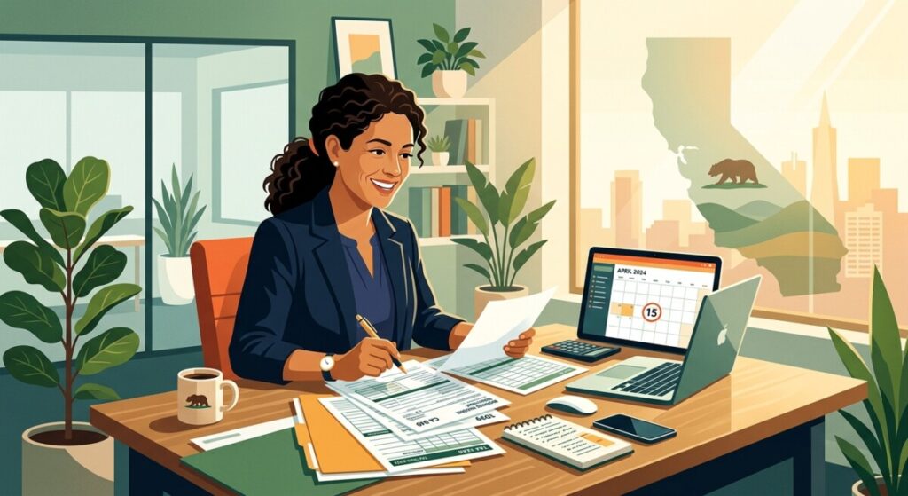 Illustration of a California business owner reviewing Franchise Tax Board tax updates and deadlines at an office desk.