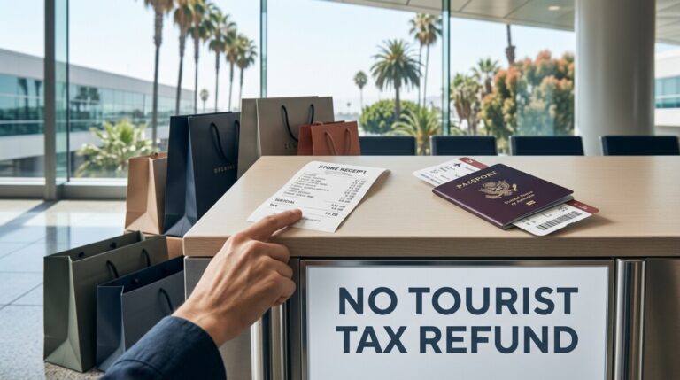 California tourist tax refund: shopping bags, a receipt, and a passport on a Los Angeles counter