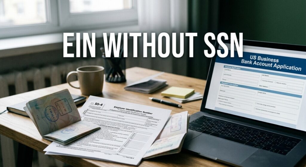 IRS Form SS-4 on a foreign founder's desk beside a passport and a laptop showing a US business bank account application.