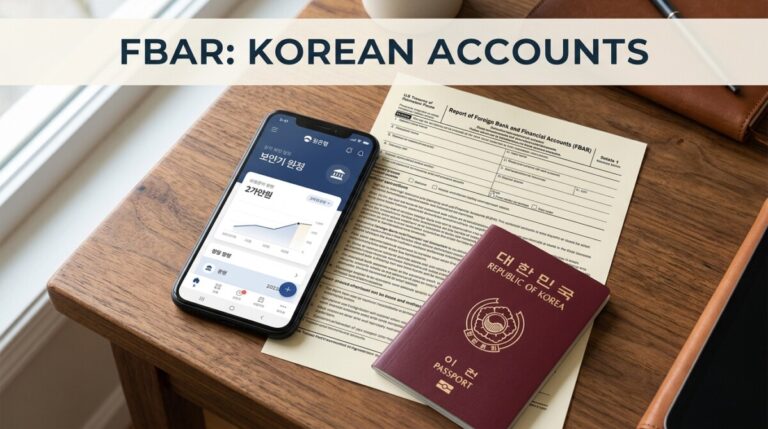 A Korean phone banking screen beside a US Treasury form on a wooden desk, showing FBAR reporting for Korean-American families.