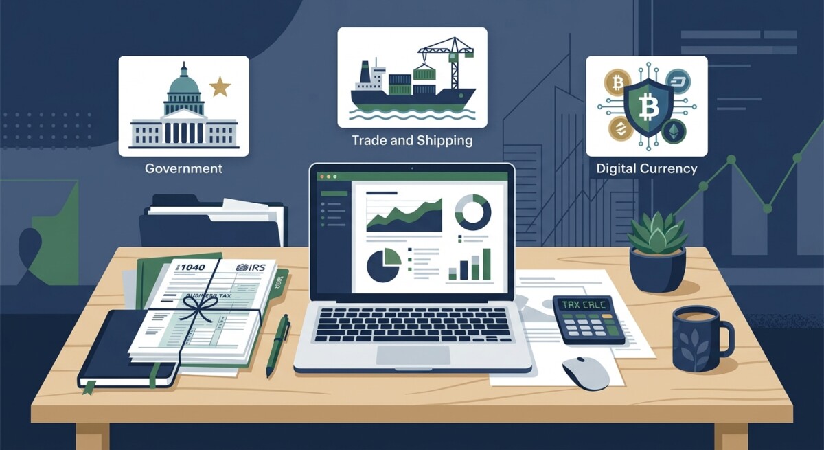 Illustration representing federal tax updates for business owners, including tax documents, a calculator, and trade and digital currency icons