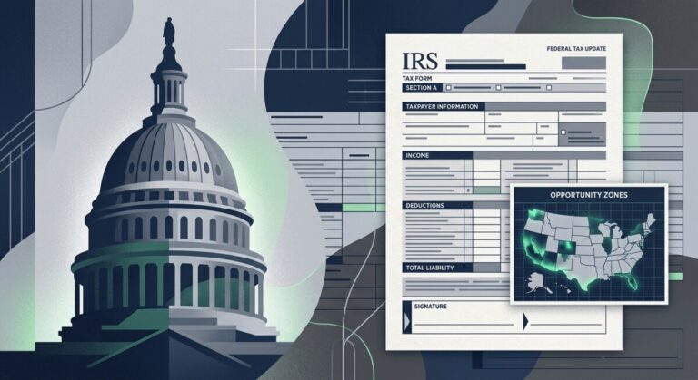 Editorial illustration of a US Capitol dome silhouette next to a stylized federal tax document