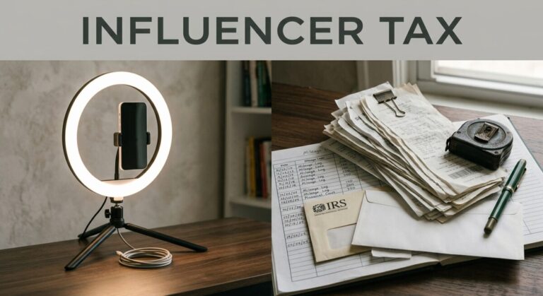 Influencer tax: a creator's ring light and phone beside receipts and a mileage log