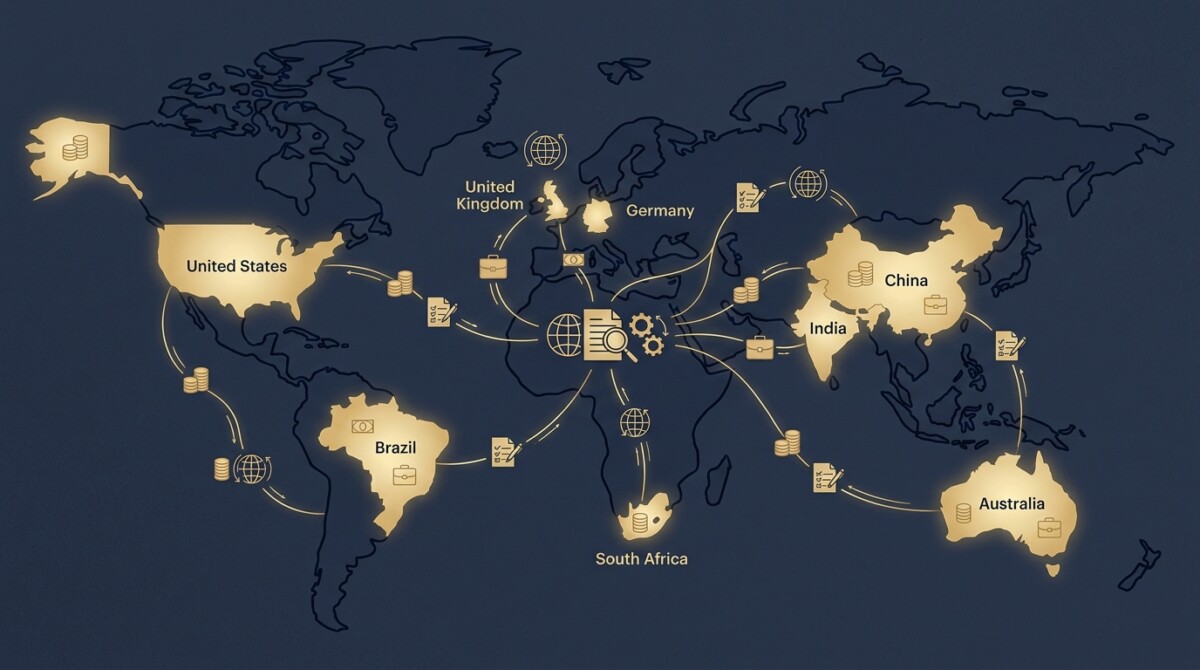 World map with tax and currency icons representing this week's international tax update for cross-border businesses
