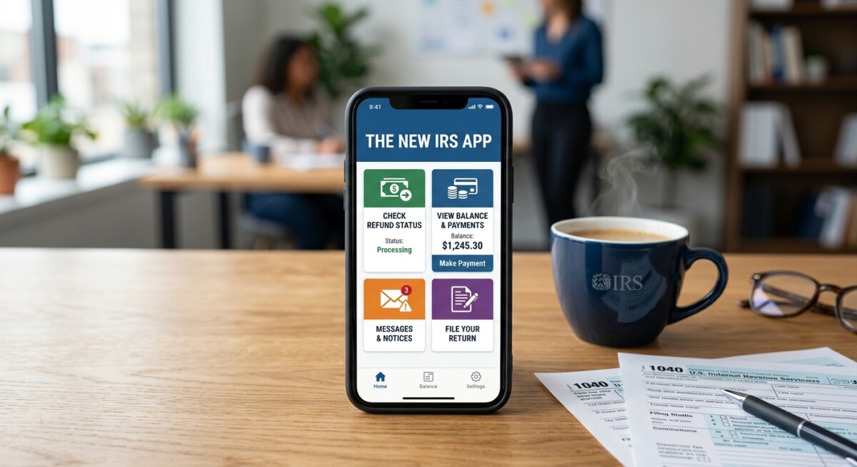 The new IRS app on a smartphone: mobile access to refunds, balance, payments, and notices
