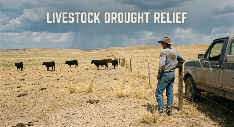 Livestock drought relief: dry pasture and a small herd, illustrating IRS section 1033 replacement-period extension for drought-sold livestock