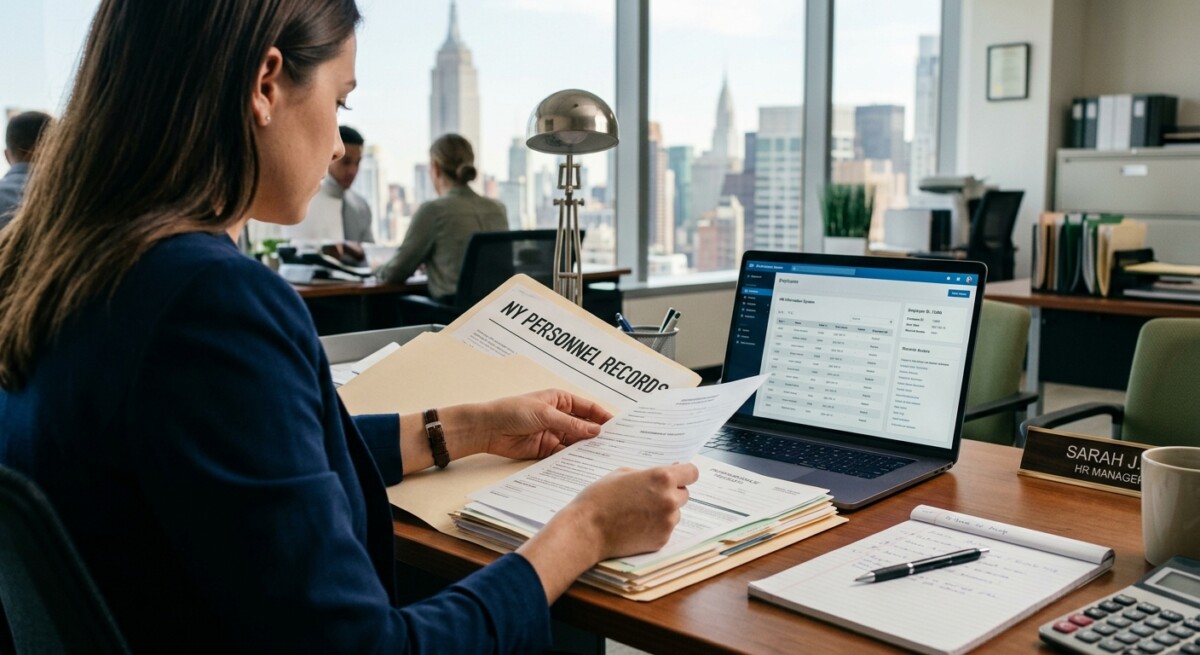 New York personnel records law: an employee reviews their personnel file at an HR desk