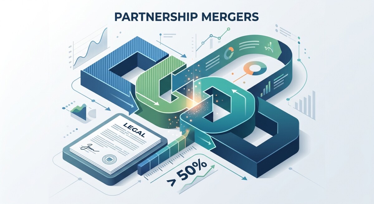 Partnership merger tax rules under Sec. 708 showing two partnerships combining under the more-than-50% continuation test