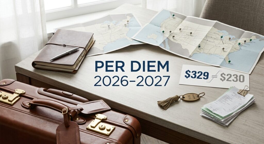 Business traveler and the 2026–2027 IRS per diem rates ($329 high-cost / $230 other CONUS)
